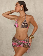 Leopar Desenli Çiçek Detaylı Üçgen Bikini Takımı & Pareo Etekli - Görsel 5