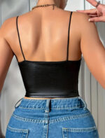 Siyah Saten Görünümlü Dantel Detaylı İnce Askılı Crop Top - Görsel 5