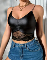 Siyah Saten Görünümlü Dantel Detaylı İnce Askılı Crop Top - Görsel 4